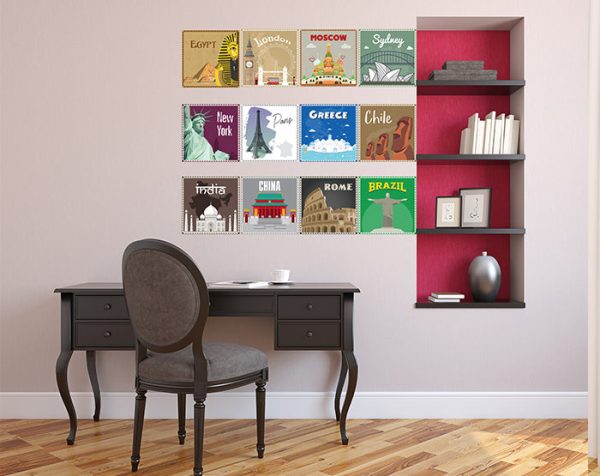 12x2 (24 pcs) TRAVEL THE WORLD WITH THESE ILLUSTRATED STAMP WALL STICKERS - Image 3