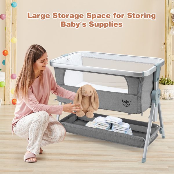 Babyjoy Baby Bed Side Crib Portable Adjustable Infant Travel Sleeper Bassinet Light Grey - Image 4