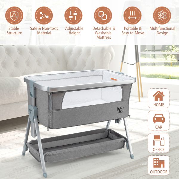 Babyjoy Baby Bed Side Crib Portable Adjustable Infant Travel Sleeper Bassinet Light Grey - Image 7