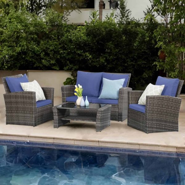Wisteria Lane 4 Piece Outdoor Patio Furniture Sets, Wicker Conversation Set for Porch Deck, Grey Rattan Sofa Chair with Cushion (Blue) - Image 2