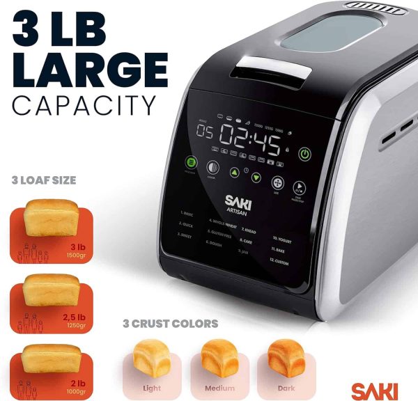 SAKI 3 LB Large Bread Maker Machine, 12-in-1 Programmable Large Bread Machine - Image 2