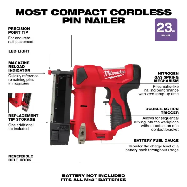 2540-20-48-11-2460-48-11-2430 M12 12-Volt 23-Gauge Lithium-Ion Cordless Pin Nailer with M12 6.0Ah and M12 3.0Ah Battery Packs - Image 4