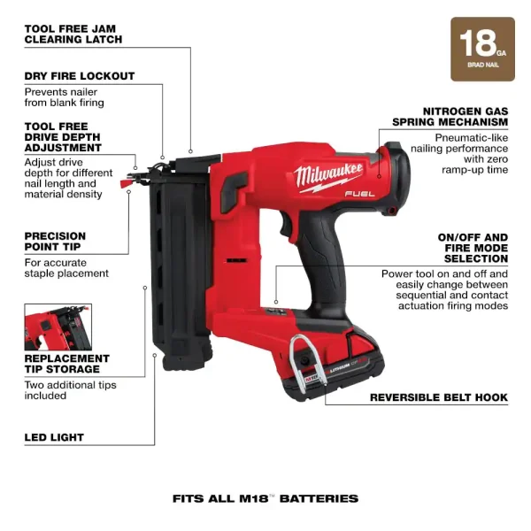 2746-21CT M18 FUEL N II 18-Volt 18-Gauge Lithium-Ion Brushless Cordless Brad Nailer Kit with One 2.0 Ah Battery, Charger and Bag - Image 4