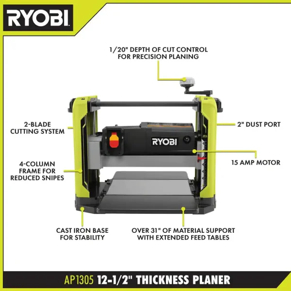 AP1305 15 Amp 12-1/2 in. Corded Thickness Planer with Planer Knives, Knife Removal Tool, Hex Key and Dust Hood - Image 3
