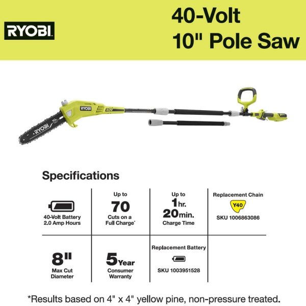 RY40560-HDG 40V 10 in. Cordless Battery Pole Saw and 18 in. Cordless Battery Pole Hedge Trimmer with 2.0 Ah Battery and Charger - Image 6