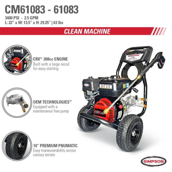 SIMPSON CM61083 Clean Machine 3400 PSI 2.5 GPM Gas Cold Water Pressure Washer with CRX 210 Engine - Image 6