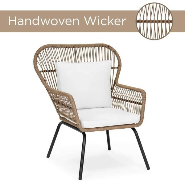 3-Piece Wicker Outdoor Bistro Set with Cream White Cushions - Image 4