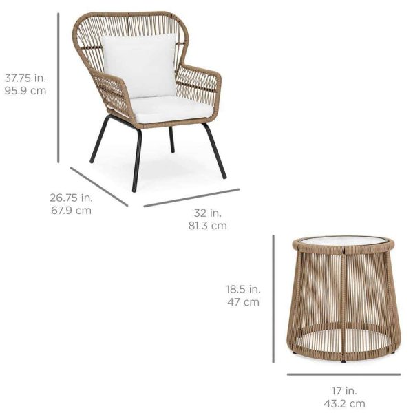 3-Piece Wicker Outdoor Bistro Set with Cream White Cushions - Image 7