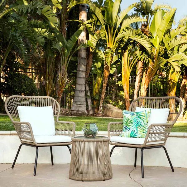 3-Piece Wicker Outdoor Bistro Set with Cream White Cushions - Image 2