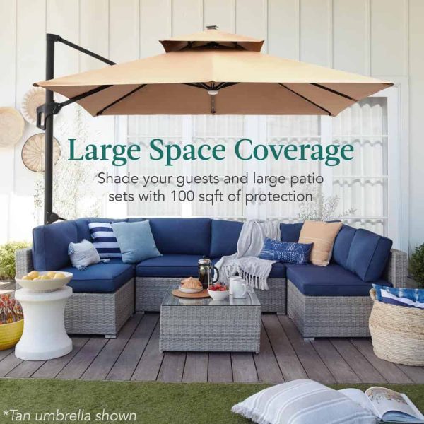 10 ft. Solar LED 2-Tier Square Cantilever Patio Umbrella with Base Included in Tan - Image 6