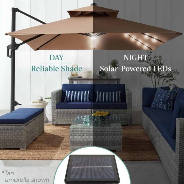10 ft. Solar LED 2-Tier Square Cantilever Patio Umbrella with Base Included in Tan - Image 4