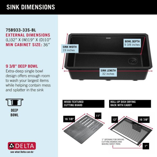 75B933-33S-BL Everest Black Granite Composite 32 in. Single Bowl Undermount Kitchen Sink with Accessories - Image 6