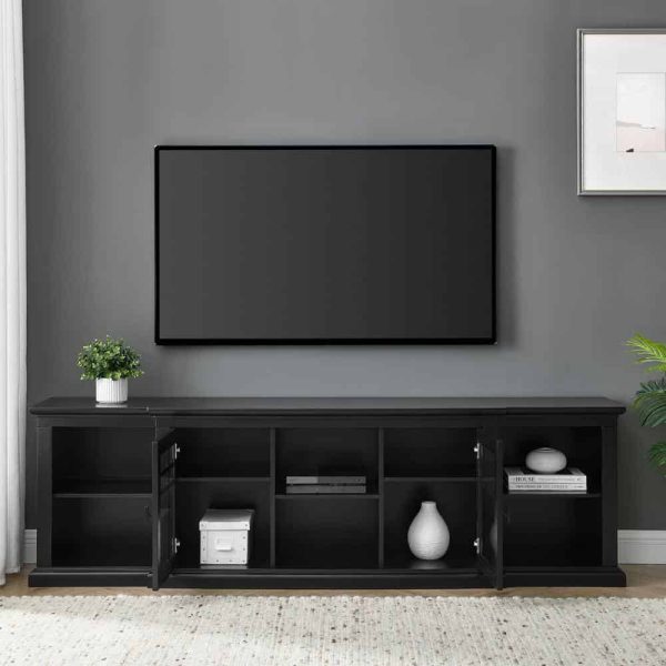 Welwick Designs  80 in. Black Transitional Wood and Glass-Door TV Stand with Cable Management (Max tv size 88 in.) - Image 2