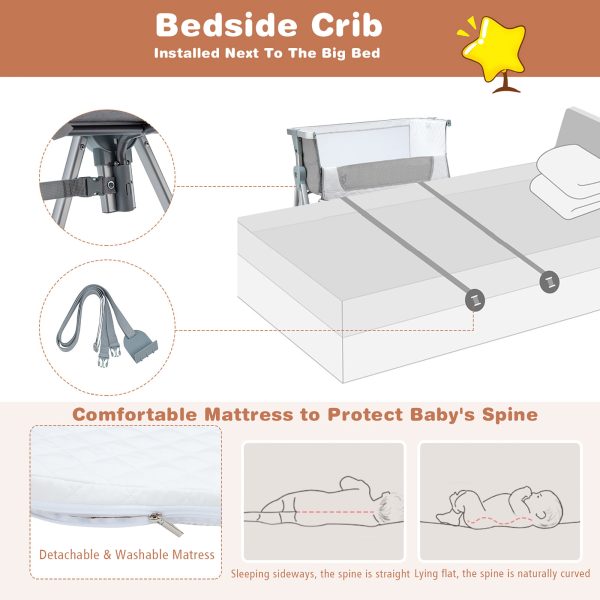 Babyjoy Baby Bed Side Crib Portable Adjustable Infant Travel Sleeper Bassinet Light Grey - Image 5