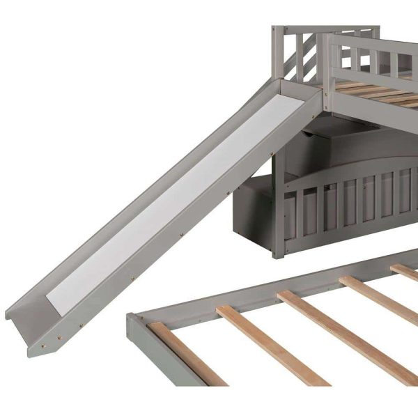 Bright Designs  Gray Twin Over Twin Wood House Bunk Bed with 2-Drawers, Stairs and Slide - Image 4