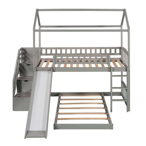 Bright Designs  Gray Twin Over Twin Wood House Bunk Bed with 2-Drawers, Stairs and Slide - Image 8