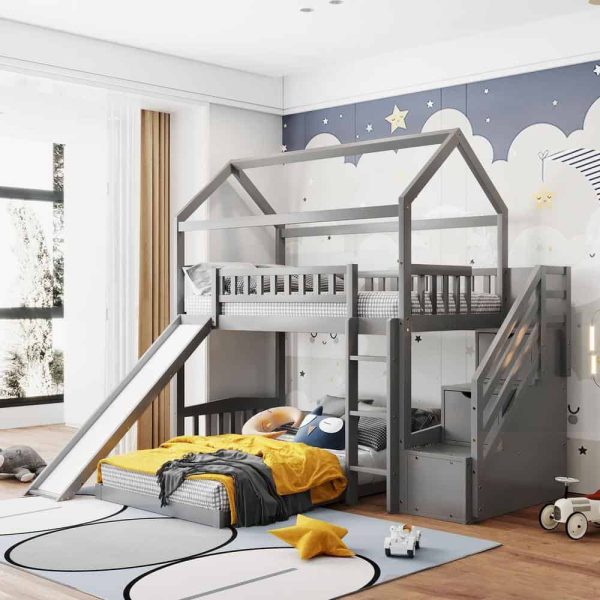 Bright Designs  Gray Twin Over Twin Wood House Bunk Bed with 2-Drawers, Stairs and Slide - Image 3