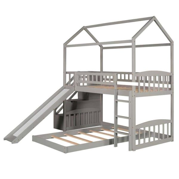 Bright Designs  Gray Twin Over Twin Wood House Bunk Bed with 2-Drawers, Stairs and Slide - Image 9