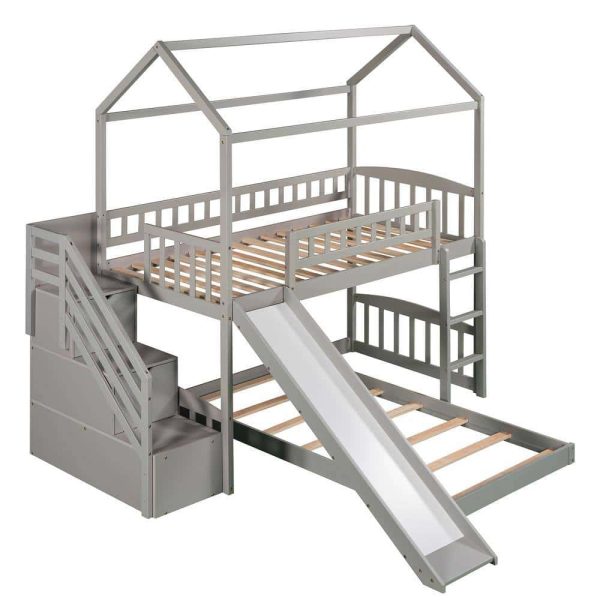 Bright Designs  Gray Twin Over Twin Wood House Bunk Bed with 2-Drawers, Stairs and Slide - Image 7