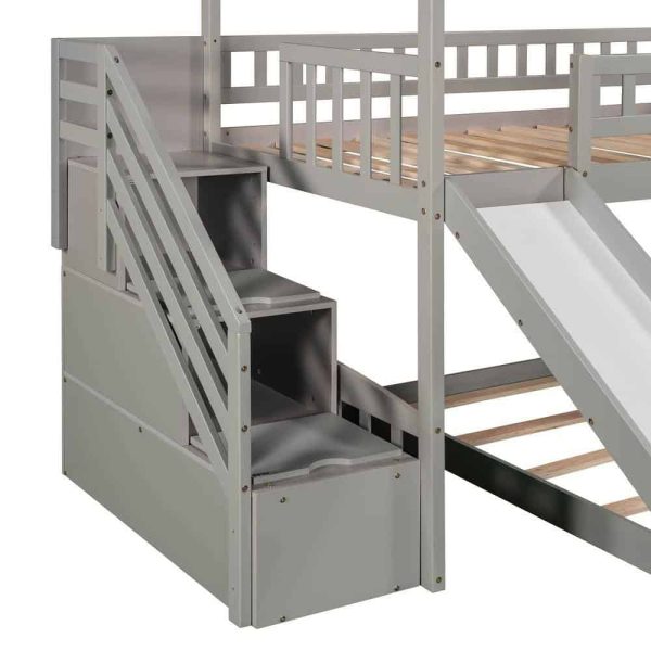 Bright Designs  Gray Twin Over Twin Wood House Bunk Bed with 2-Drawers, Stairs and Slide - Image 5