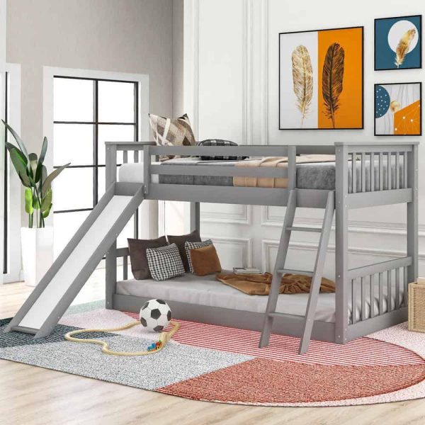 Bright Designs  Gray Solid Wood Twin Over Twin Bunk Bed with Slide and Ladder
