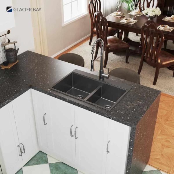 33 in. Drop-In Double Bowl 18 Gauge Gunmetal Black Stainless Steel Workstation Kitchen Sink - Image 14