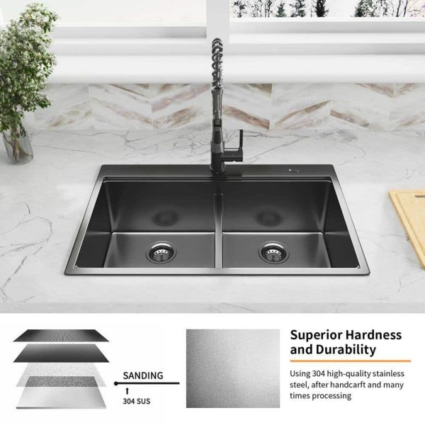 33 in. Drop-In Double Bowl 18 Gauge Gunmetal Black Stainless Steel Workstation Kitchen Sink - Image 11