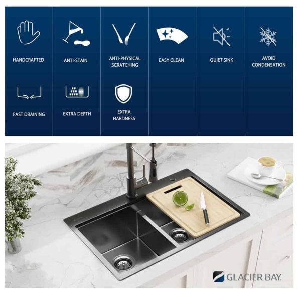33 in. Drop-In Double Bowl 18 Gauge Gunmetal Black Stainless Steel Workstation Kitchen Sink - Image 7