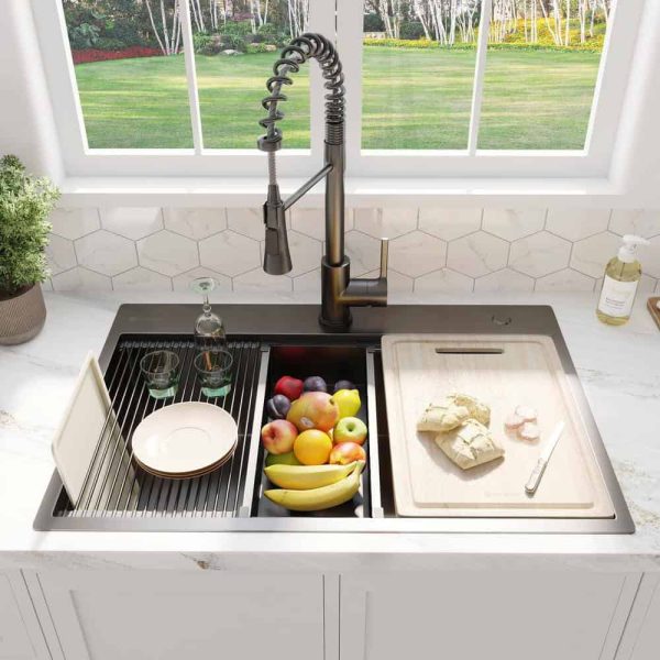 33 in. Drop-In Double Bowl 18 Gauge Gunmetal Black Stainless Steel Workstation Kitchen Sink - Image 2