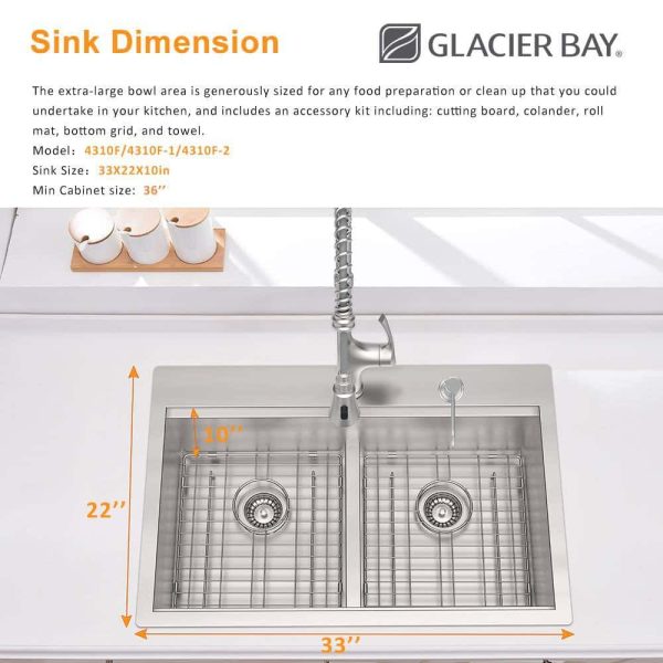 Zero Radius 33 in. Drop-In 50/50 Double Bowl 18 Gauge Stainless Steel Workstation Kitchen Sink with Pull-Down Faucet - Image 3