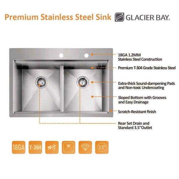 Zero Radius 33 in. Drop-In 50/50 Double Bowl 18 Gauge Stainless Steel Workstation Kitchen Sink with Pull-Down Faucet - Image 7