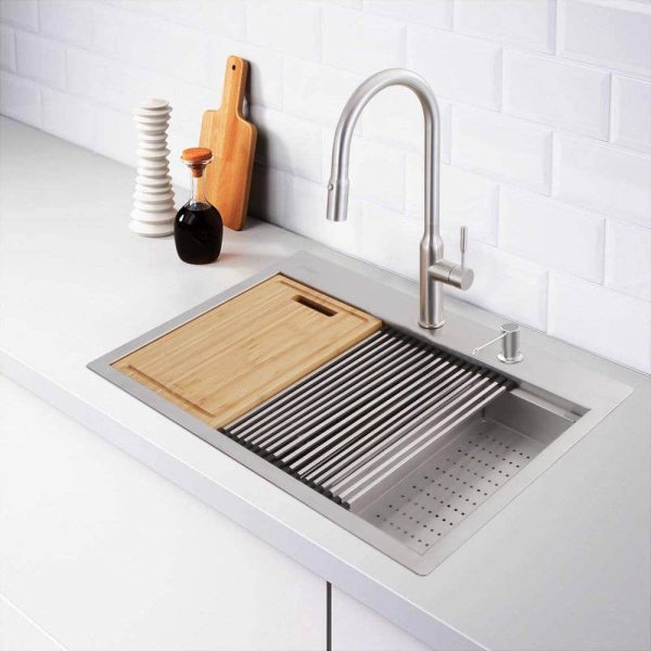 Zero Radius 33 in. Drop-In 50/50 Double Bowl 18 Gauge Stainless Steel Workstation Kitchen Sink with Pull-Down Faucet - Image 2