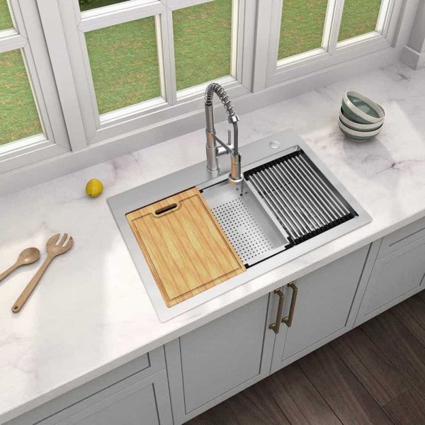 33 in. Drop-In Single Bowl 18 Gauge Stainless Steel Workstation Kitchen Sink with Pull-Down Faucet - Image 3