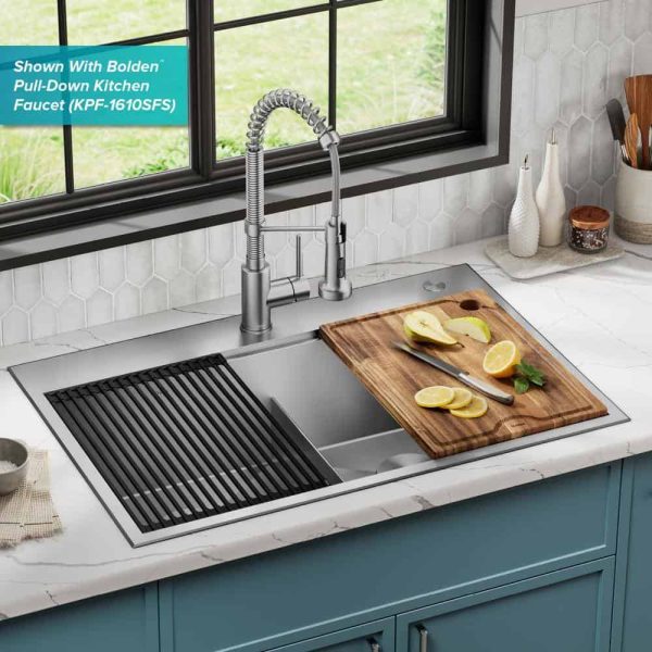 Loften 33 in. Drop-in/Undermount Double Bowl Stainless Steel Kitchen Workstation Sink with Faucet and Accessories - Image 3