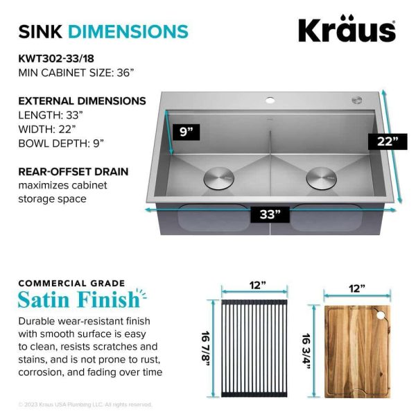 Loften 33 in. Drop-in/Undermount Double Bowl Stainless Steel Kitchen Workstation Sink with Faucet and Accessories - Image 7