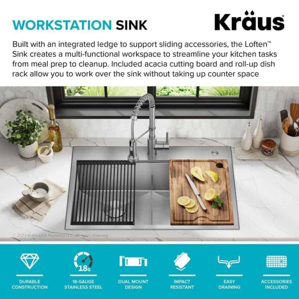 Loften 33 in. Drop-in/Undermount Double Bowl Stainless Steel Kitchen Workstation Sink with Faucet and Accessories - Image 4
