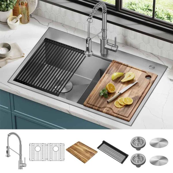 Loften 33 in. Drop-in/Undermount Double Bowl Stainless Steel Kitchen Workstation Sink with Faucet and Accessories - Image 2