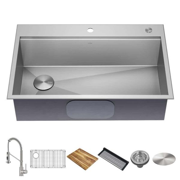 Loften 33 in. Drop-in/Undermount Single Bowl Stainless Steel Kitchen Workstation Sink with Faucet and Accessories